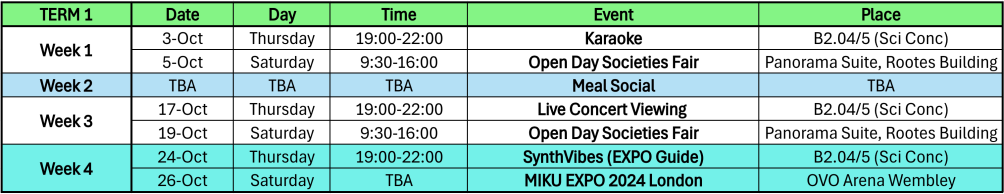 Timetable for Warwick Vocaloid Society